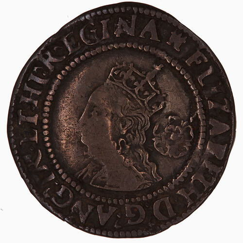 Coin, round, Crowned bust of Queen, wearing ruff and embroidered dress facing left; behind, rose; text around.