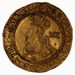 Coin, round, Within beaded circle crowned bust of a king wearing a ruff, robe and collar of the Garter.