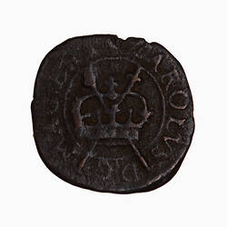 Token, round, at centre within a line circle, a crown with crossed sceptres behind; text around.