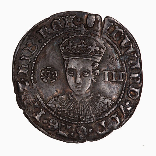 Coin, round, Crowned facing bust of King dividing a rose and the denomination III, wearing an ermine robe.