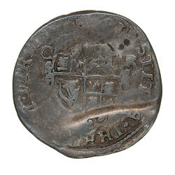 Coin, round, oval shield quartered with the arms of England, France, Scotland and Ireland.