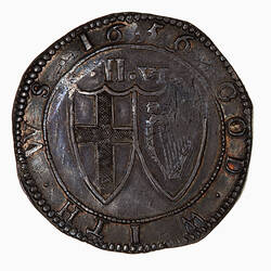 Coin, round, within a beaded circle two conjoined shields; one has St. George cross, the other the Irish harp.