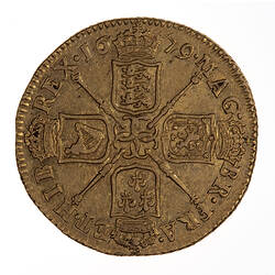 Coin, round, Four crowned shields bearing the arms of England, Scotland, France and Ireland set to form a cros