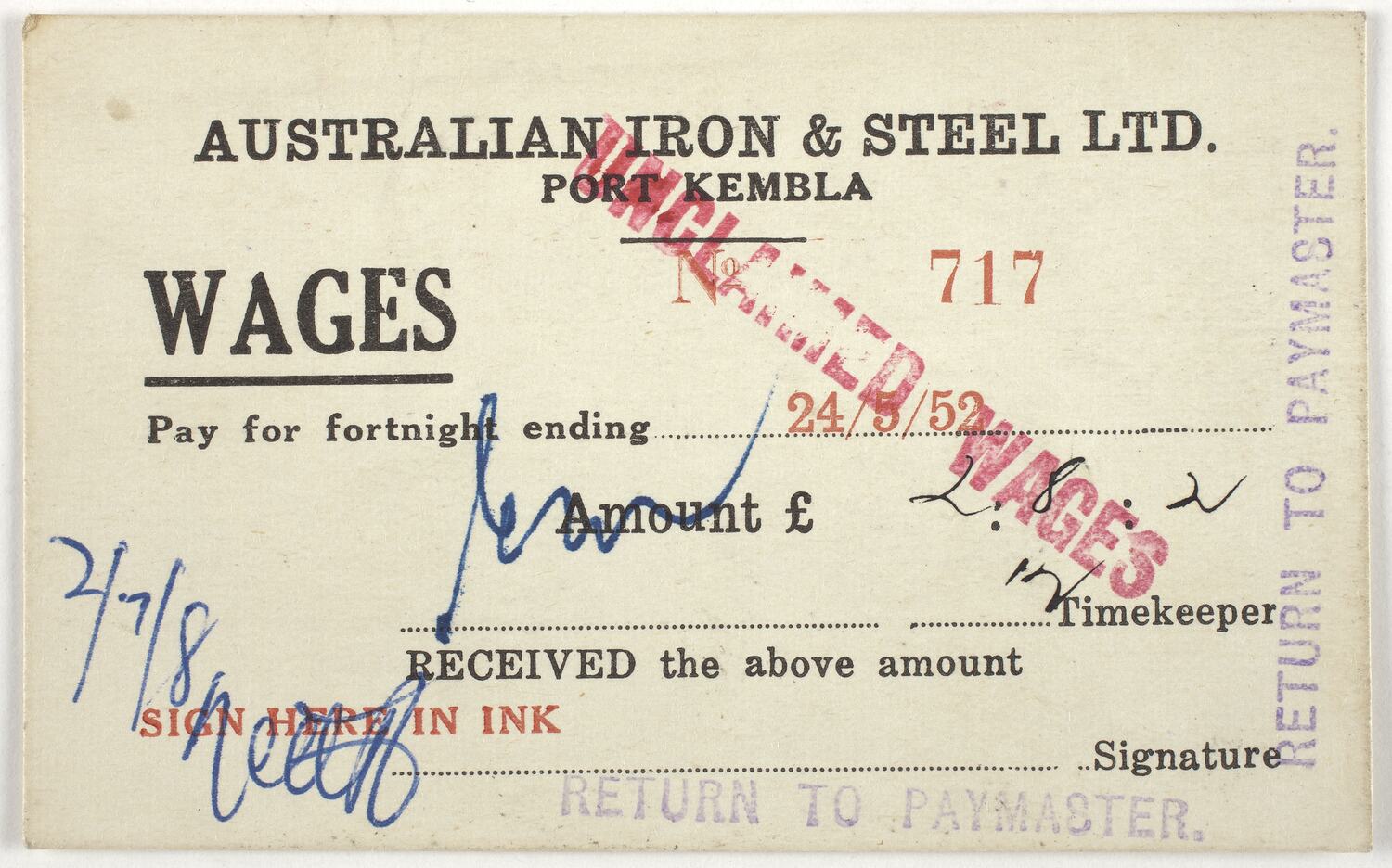 Wage Card Issued To Bretislav Lukes Australian Iron Steel Ltd 