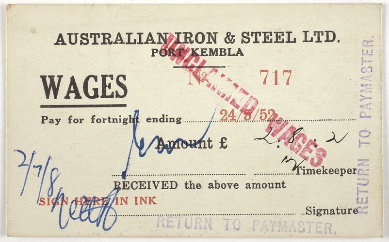 Wage Card - Australian Iron & Steel Ltd, , Port Kembla