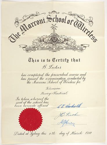 Certificate - The Marconi School of Wireless, 1959