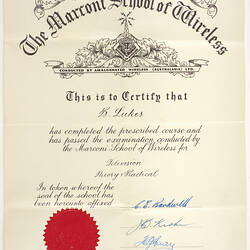 Certificate - Issued to Bretislav Lukes, The Marconi School of Wireless, 9 Mar 1959