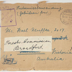 Opened envelope with handwriting, multiple stamps and censor marks.