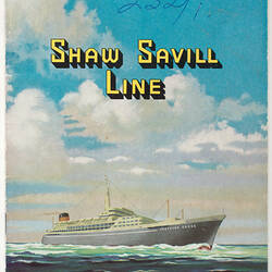 Brochure cover with illustration of ocean liner on open sea.
