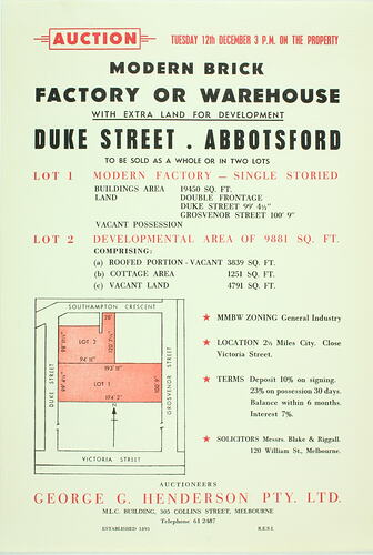 Leaflet - 'Auction 12 December 3pm, Factory Warehouse, Abbotsford', Kodak Archive, Series 3 'Property & Buildings', Sub-Series 1, Archive File 7
