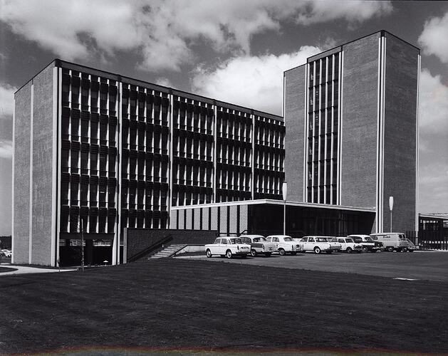 Photograph - Kodak Australasia Pty Ltd, Exterior View of Building 8 and Car Park, Head Office & Sales & Marketing at the Kodak Factory, Coburg, circa 1965