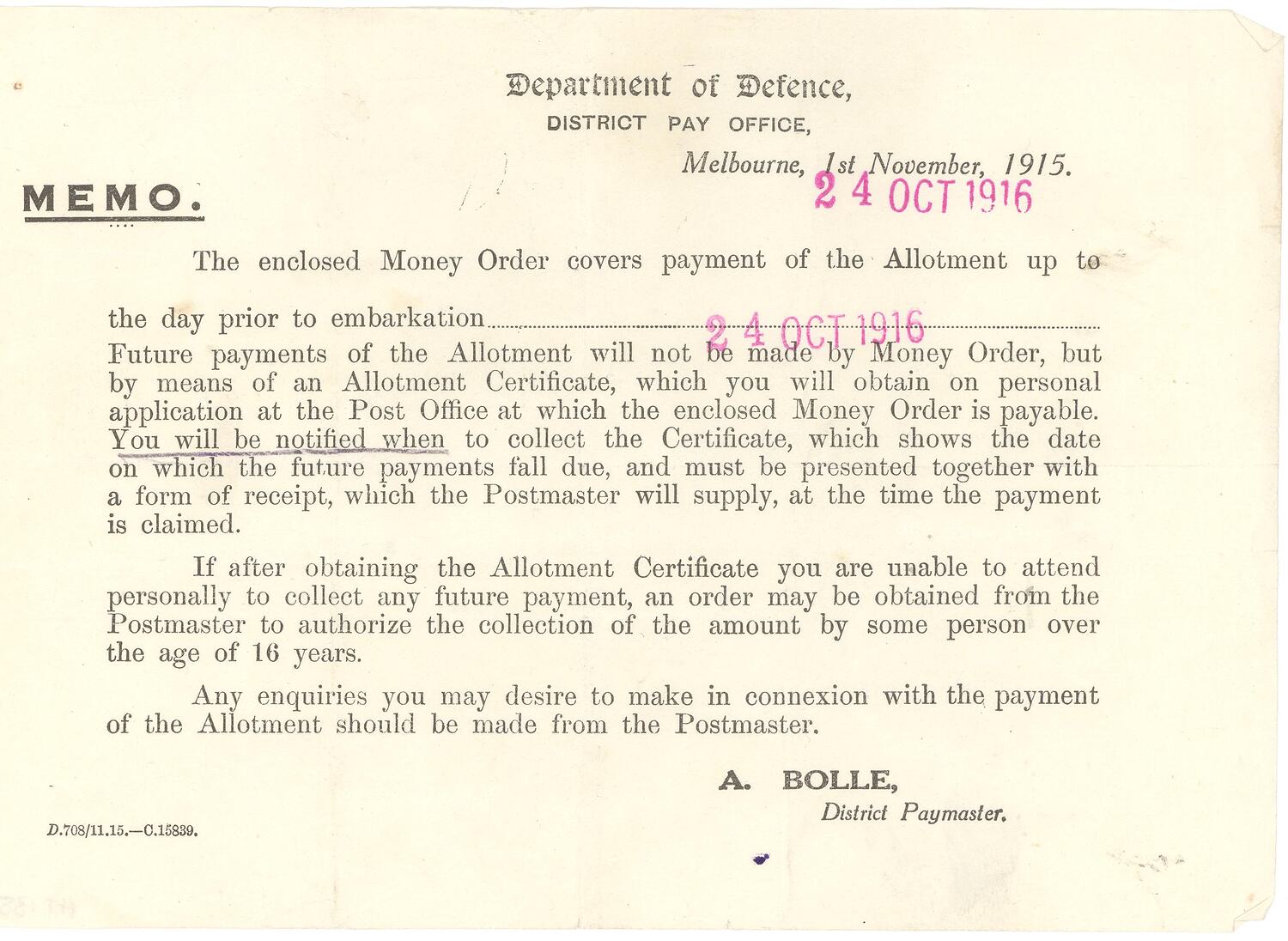 Memo - Department of Defence, District Pay Office, Money ...