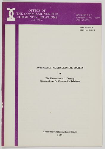Booklet - A. J. Grassby, 'Australia's Multicultural Society'