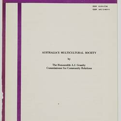 Booklet - A. J. Grassby, 'Australia's Multicultural Society'