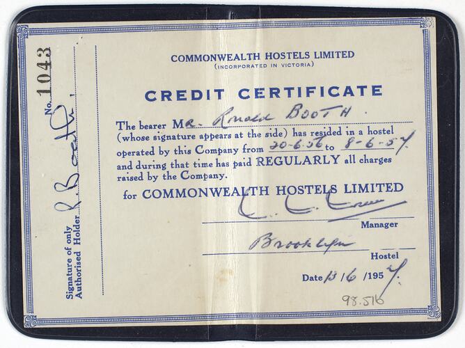 Certificate - Commonwealth Hostels Credit Certificate, circa 1956