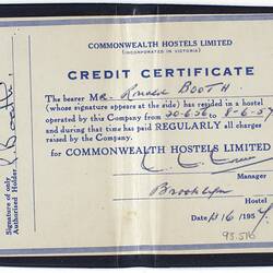 Certificate - Commonwealth Hostels Credit Certificate, circa 1956
