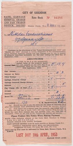 Rate Notice - City of Essendon, 6 Mar 1953