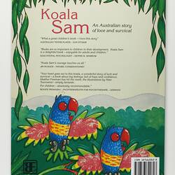 Back of Koala Sam book with pictures and text.