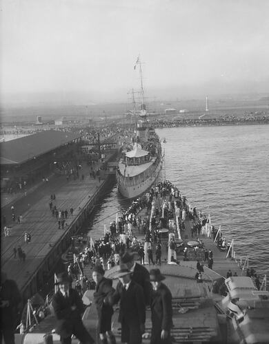 View of Crowds on HMS Hood & HMS Delhi, Princes Pier, Port Melbourne, 23 Mar 1924