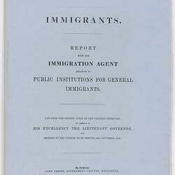 Parliamentary Paper - Immigrants, Parliament of Victoria, Colony of Victoria