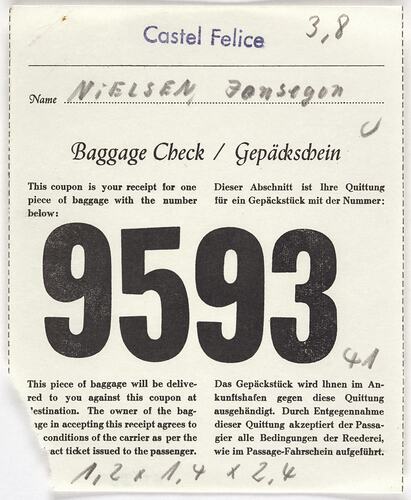 Baggage Check Receipt - Issued to Jonsegon Nielsen, Castel Felice, Sitmar Line