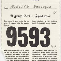 Baggage Check Receipt - Issued to Jonsegon Nielsen, Castel Felice, Sitmar Line, circa 1950s