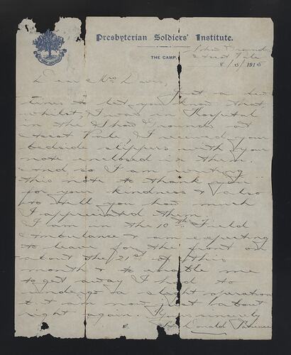 Letter - Thanks from Private Donald Patience to Mrs Davis, 8 May 1915
