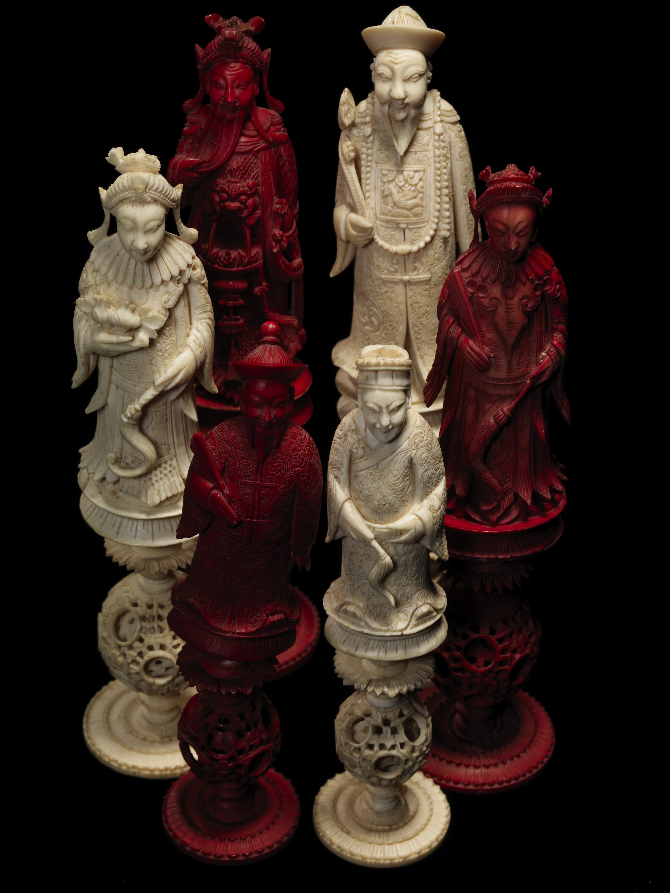 Stained and White Ivory Puzzle-Ball Chess Set China Early 20th Century CE