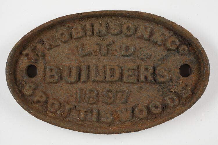 Rollingstock Builder's Plate - T. Robinson & Co., Spottiswoode, Victoria, 1897