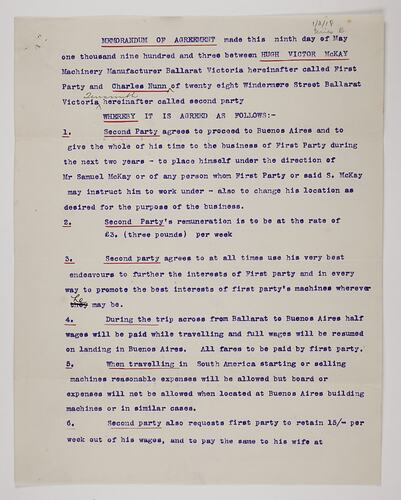 Memorandum of Agreement & Receipt - H. V. McKay & Charles Nunn, 9 May 1903