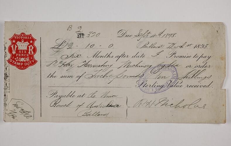 Promissory Note - 12 Pounds & 10 Shillings, The Union Bank of Australia, Ballarat, Victoria, Australia, 1893