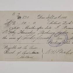 Promissory Note - 12 Pounds & 10 Shillings, The Union Bank of Australia, Ballarat, Victoria, Australia, 1893