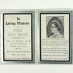 Card, printed text with image of woman in profile.