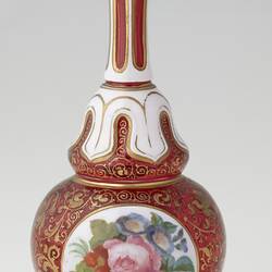 Ruby red and white blown glass vase with gilt arabesque style tendril design, and enamelled floral panels