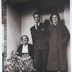 Negative - Barbara, John & Rose Woods on Front Porch, Little Missenden, England, 1957