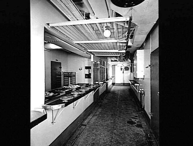 Ship interior. Main kitchen galley. Serving area.