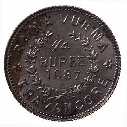 Coin - 1/4 Rupee, Travancore, India, 1911