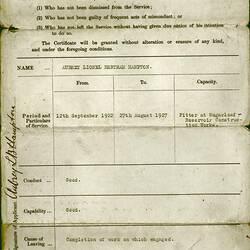 Certificate - Service, Issued to Aubrey Lionel Bertram Hampton, State Rivers & Water Supply Commission, 13 Sep 1927