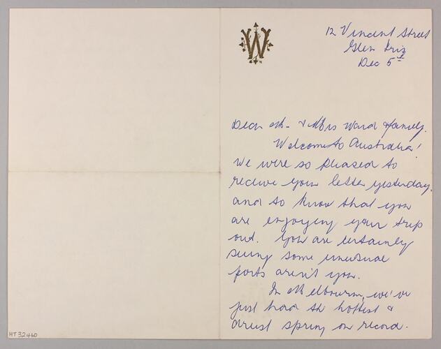 Letter - To Mr & Mrs Ward & Family from Grace Willsher, Glen Iris, 5 Dec 1961
