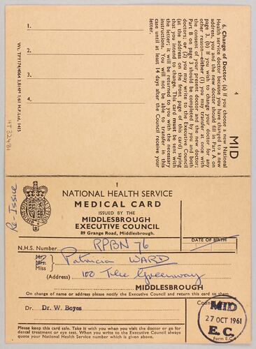 Medical Card - Miss Patricia Ward, Middlesbrough, 27 Oct 1961