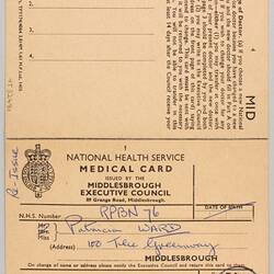 Medical Card - Miss Patricia Ward, Middlesbrough, England, 27 Oct 1961