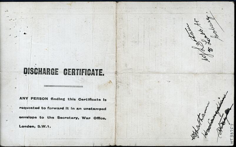 Certificate - Discharge, Private William James Latham, British Army, 13 Aug 1920