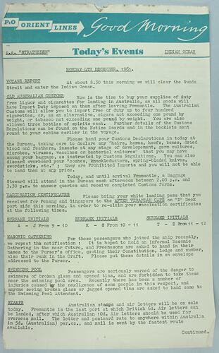 Information Sheet - P&O SS Stratheden, 'Today's Events', Indian Ocean, 4 Dec 1961