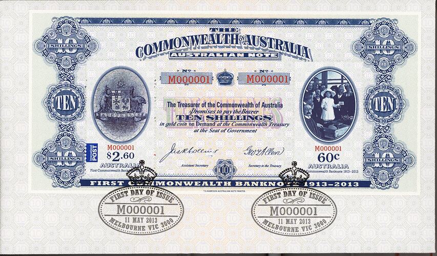 First Day Cover -  Minisheet, Centenary of the First Commonwealth Banknote, Melbourne, 11 May 2013