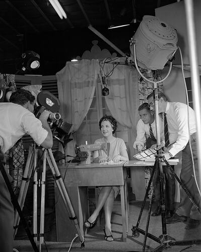Television Studio, Woman Working on a Sewing Machine, Victoria, 25 Mar 1959