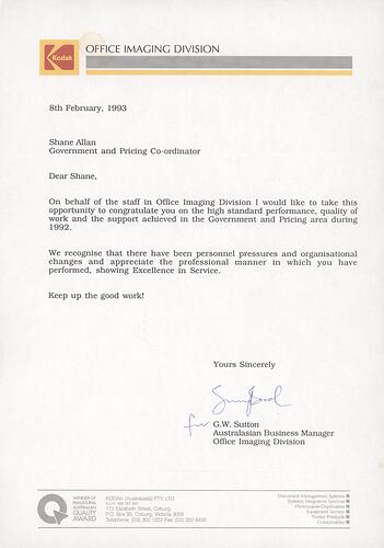 Letter - Kodak Australasia Pty Ltd, G.W Sutton to Shane Allan, High Standard Performance in 1992, 8 Feb 1993