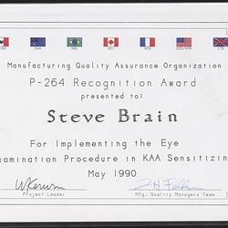 Certificate - Manufacturing Quality Assurance Organisation Recognition Award, Issued to Steve Brain, May 1990