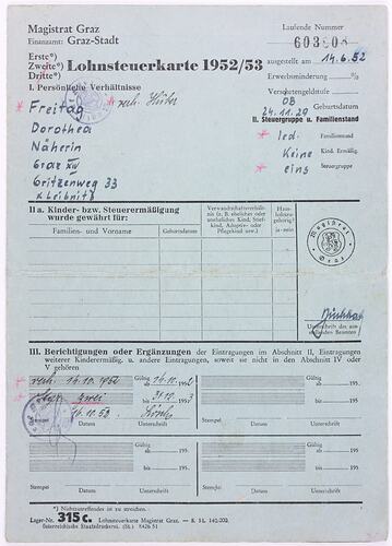 Income Tax Card - 'Lohnsteuerkarte', Dorothea Huber, Austria, 1952-53