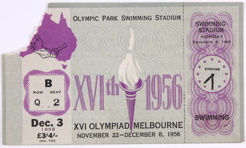 Ticket - Swimming, Olympic Park Swimming Stadium, 3 Dec 1956