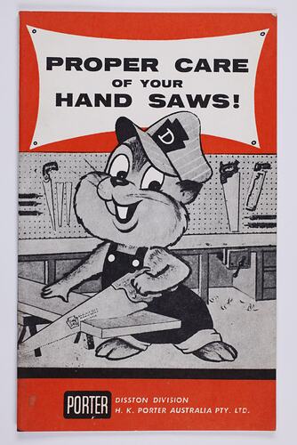 Cover with cartoon chipmunk sawing plank of wood.